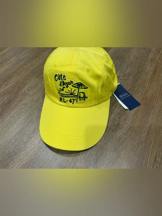 NWT Polo Ralph Lauren COTE d'AZUR HAT Lthr Strapback LONG BRIM Cap YELLOW Adult - Picture 2 of 6